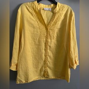 Kim Rogers Yellow 100% linen Blouse size XL 3/4 sleeves